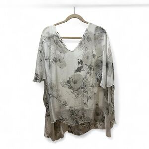 Tempo Paris Women’s M 100% Silk Top Lined Flowy Boho Too | Gray and White Silk